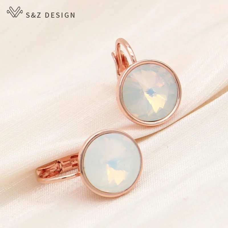 S&Z DESIGN New Fashion Round Crystal Drop Earrings For Women Wedding 585 Rose Gold Color Elegant Jewelry Gift Anti-allergy