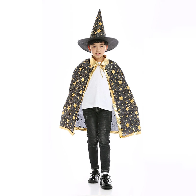 Kids Cosplay Costume Sydanne Kids Magician Wizard Cloak Hat Cosplay Costume Hot Stamping Five-pointed Star Cloak Party Costume Halloween