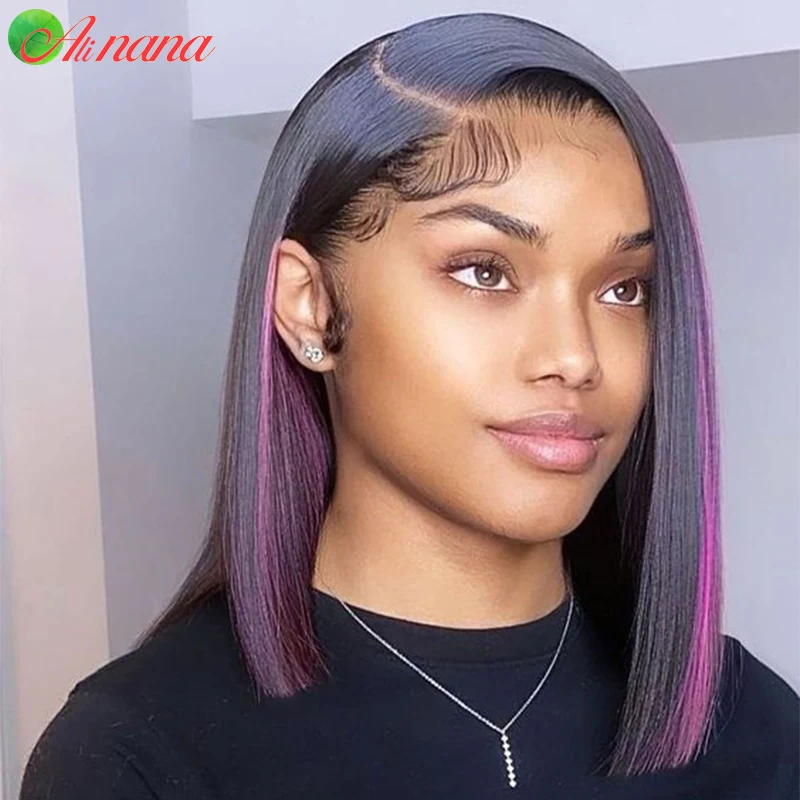 

Ombre Lavender Purple Colored Short Bob Wig With Baby Hair Highlights Blue Straight Human Hair Wigs Lace Frontal Wigs For Women