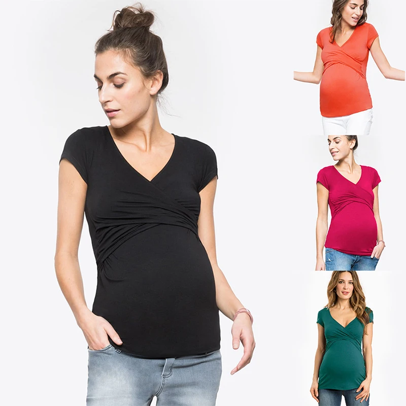 

Pregnant Breastfeeding Tees Summer Short-sleeved Maternity Wear Deep V-neck Solid Color Cross-feeding Clothing Nursing Clothes