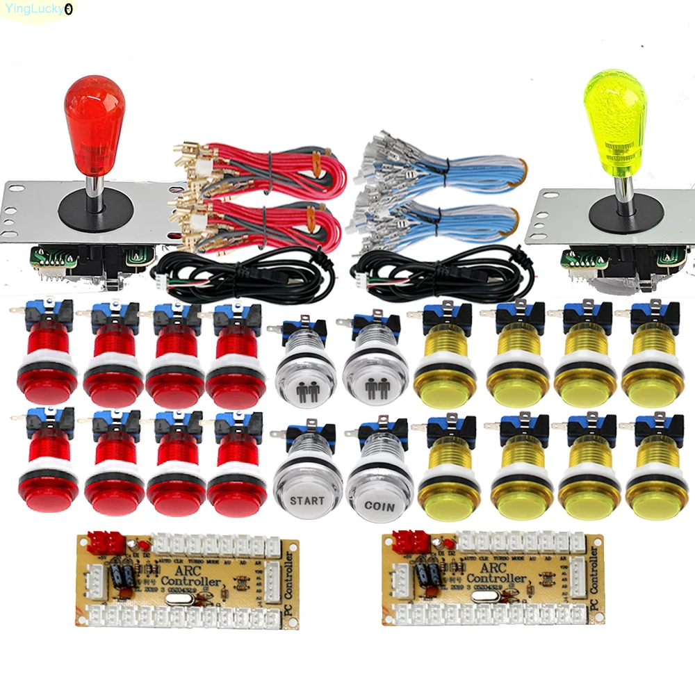 Dual Player DIY Arcade Game Kit with LED Push Buttons and American-Style Joystick