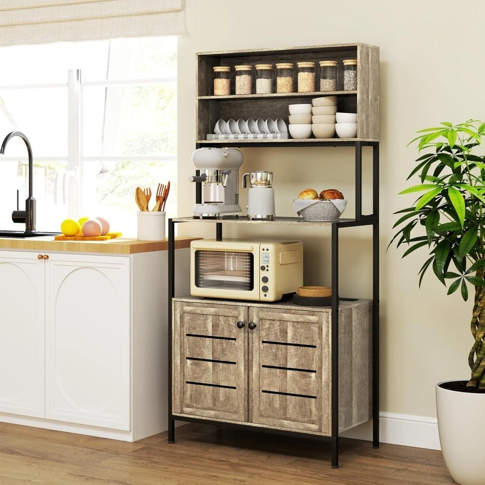 Kitchen Bakers Rack with Power Outlet, Coffee Bar Cabinet with Storage Shelves, Microwave Stand Louvred Door Cabinets