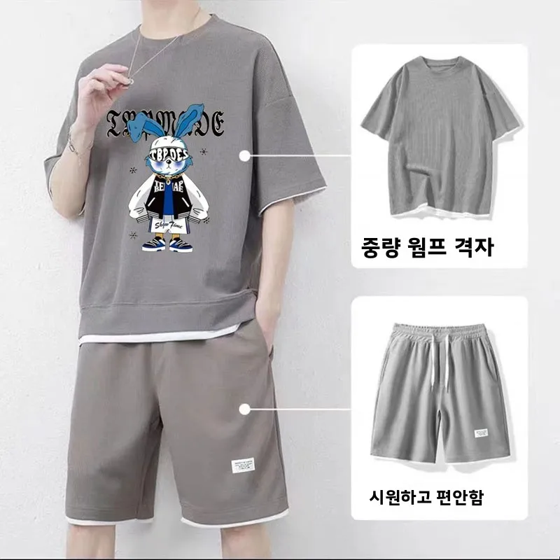 큰 사이즈 남성 캐주얼 스포츠웨어 세트 반팔 티셔츠 및 러닝 반바지 5부 폴리에스터 섬유 여름 패션