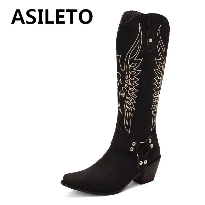 

ASILETO Women Knee Boots 32cm Square Toe Block Heel 6cm Slip-on Western Boots Embroidery Big Size 35-48 Fashion Winter S4204