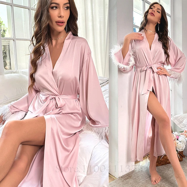 Feathers Long Sleeve Bathrobe Women Nightwear Sleepwear Casual Soft Satin  Kimono Robes With Belt Female Sexy Loungewear - Robes - AliExpress