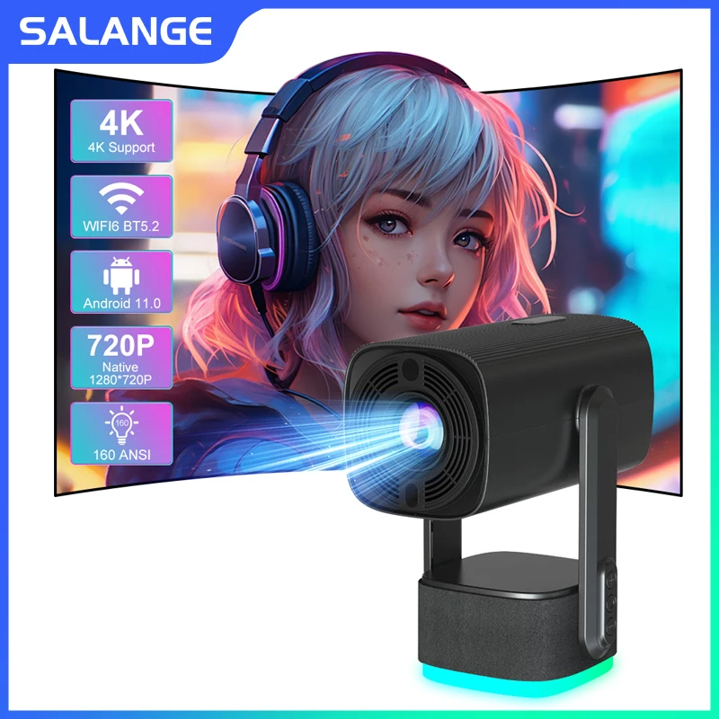 Salange 4K Projector K2 Smart Android 11 Ambient Light BT Speaker WIFI Auto Focus Keystone Free-Style, portable projector