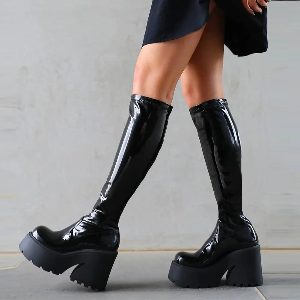 

GIGIFOX New Punk Gothic Style Knee High Boots For Women Platform High Heels Slip On Black Casual Round Toe Stretch Boots Shoes