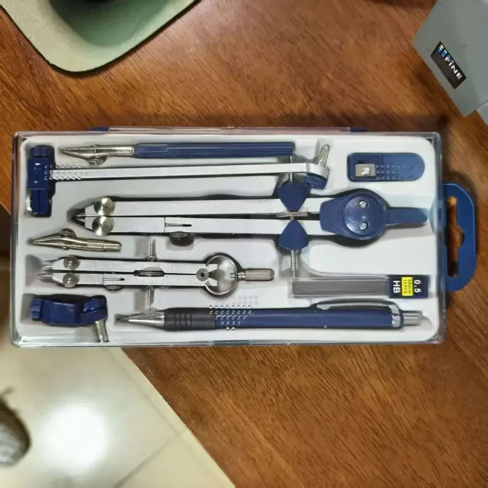 7개/팩 투명 커버 드로잉 컴퍼스 키트 측정자 기계식 연필 드로잉 도구 세트 스테인리스 스틸 플라스틱