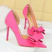 2024 Women 10.5cm High Heels Sweet Korean Side Hollow Pumps Lady Party Purple Green Kawaii Bowknot Heels Prom Silk Satin Shoes - Image 3