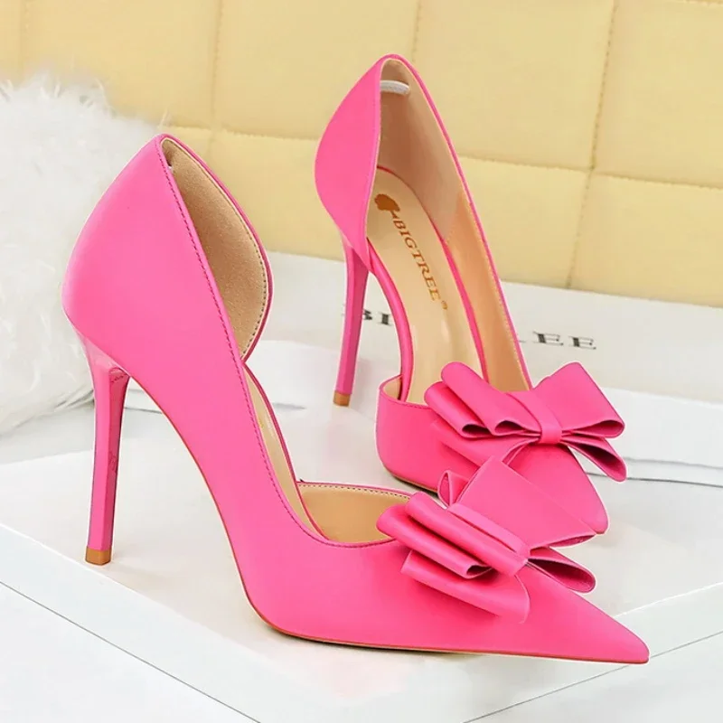 2024 Women 10.5cm High Heels Sweet Korean Side Hollow Pumps Lady Party Purple Green Kawaii Bowknot Heels Prom Silk Satin Shoes 3