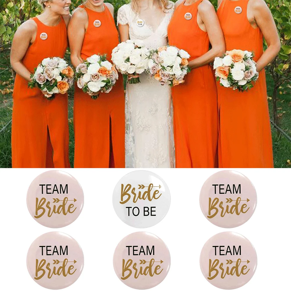 6PCS Wedding Bridesmaids Team Bridal Buttons Pins Tinplate Badge Bachelorette
