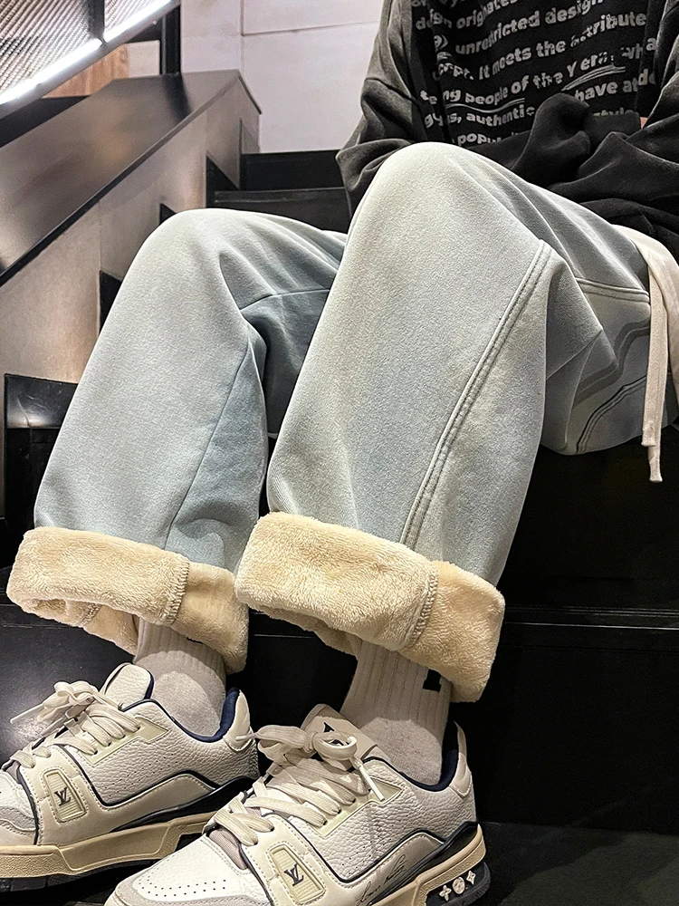 Winter Men's Jeans Korean Fashion Fleece Liner Thick Warm Straight Denim Pants Washed Cotton Retro Blue Wide Leg Jean Trousers 5