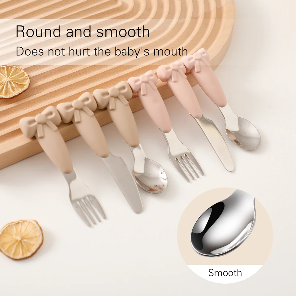 Baby Tableware Set BPA Free Silicone Bow Dish Tie Bowl Fork Food Plate Stainless Spoon Non-slip Tableware Newborn Feeding Tool silicone meal set silicone feeding set baby tableware set