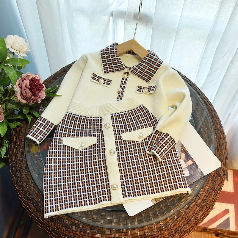 

2024 Korean Spring Autumn Kids Girls 2PCS Plaid Pleated Skirt Suit Open Stitch Patchwork Coat Children Girls Outfit