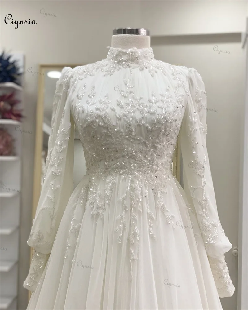 Ciynsia Elegant Lace Beaded Ivory Wedding Dresses Long Sleeves A-Line Tulle Bridal Gown Sweep Train Muslim Robe De Mariee 2024