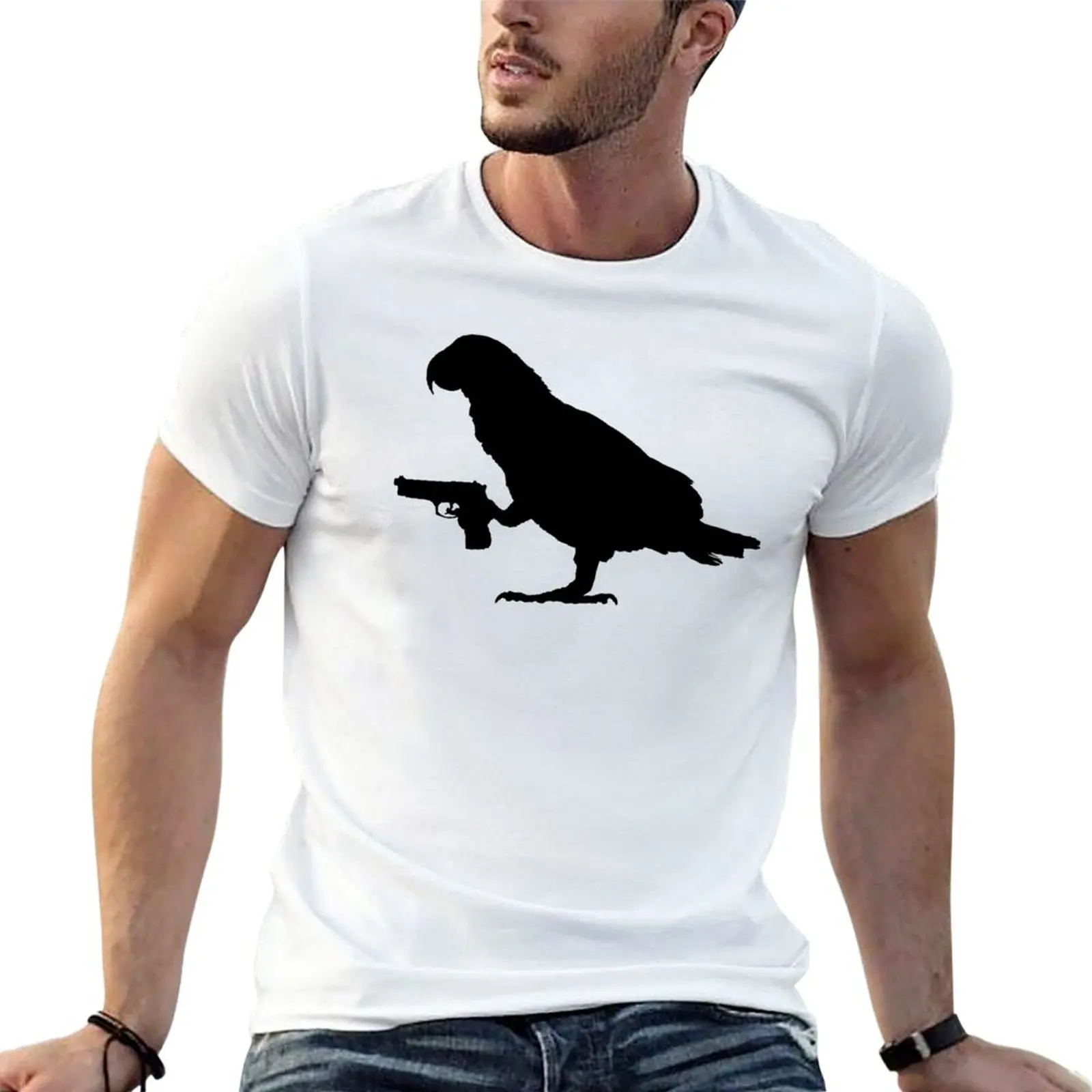 

New African Grey Parrot holding a gun T-Shirt korean fashion Short sleeve tee Men's t-shirts