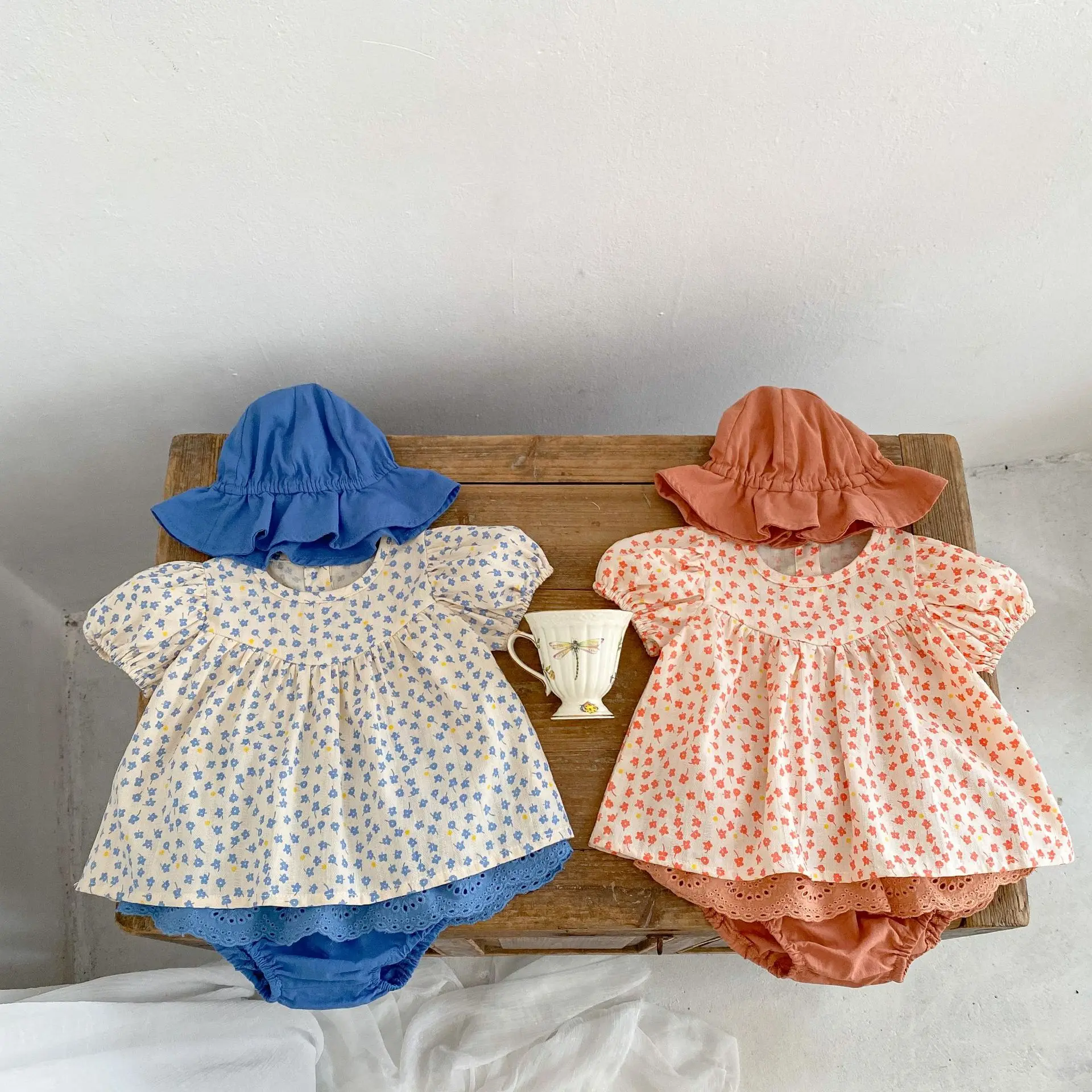 

Summer Baby Girls Floral Tops + Hat + Bloomer Shorts(Diaper Covers) Toddler 100% Organic Cotton 3-Piece Outfit Sets 0-36 Months