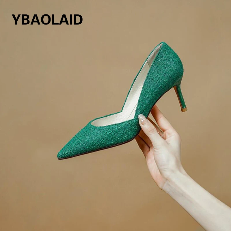 

2024 Spring New Fabric Pointed Toe Thin High Heel Women Pumps Franch Style Shallow Mouth Slip on Elegant Ladies Daily Work Shoes