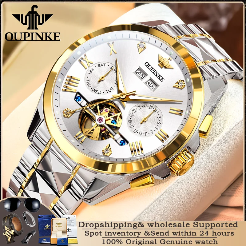 OUPINKE Orologio Uomo Automatico Scheletro - Lusso Con Cristallo Zaffiro E Cinturino In Acciaio Al Tungsteno
