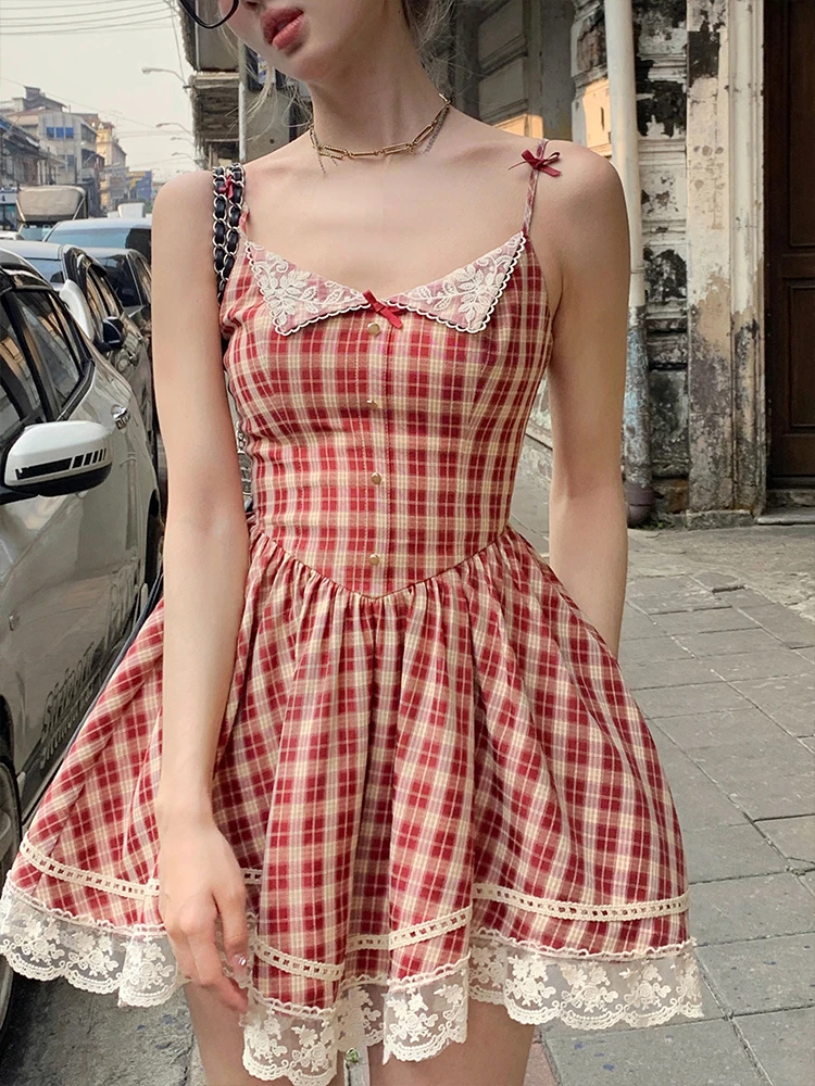Summer Sweet Red Plaid Mini Dress Women Spaghetti Strap