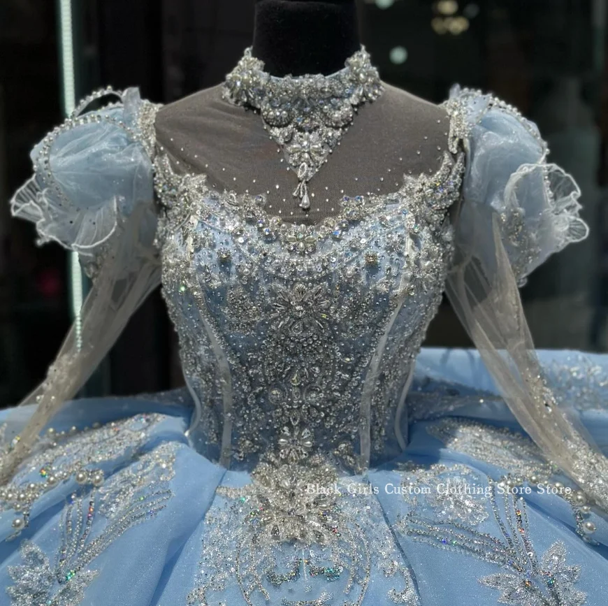 Light Sky Blue Quinceanera Dresses Cathedral Train Tulle Long Sleeve Crystal Applique Ruffle Princess Poncho Custom