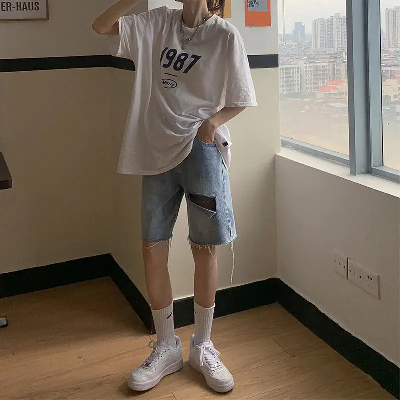 Casual Hole Denim Shorts Straight High Waist Harajuku Chic Couple Short Trousers Korean Fashion Unisex Summer Women's Clothing