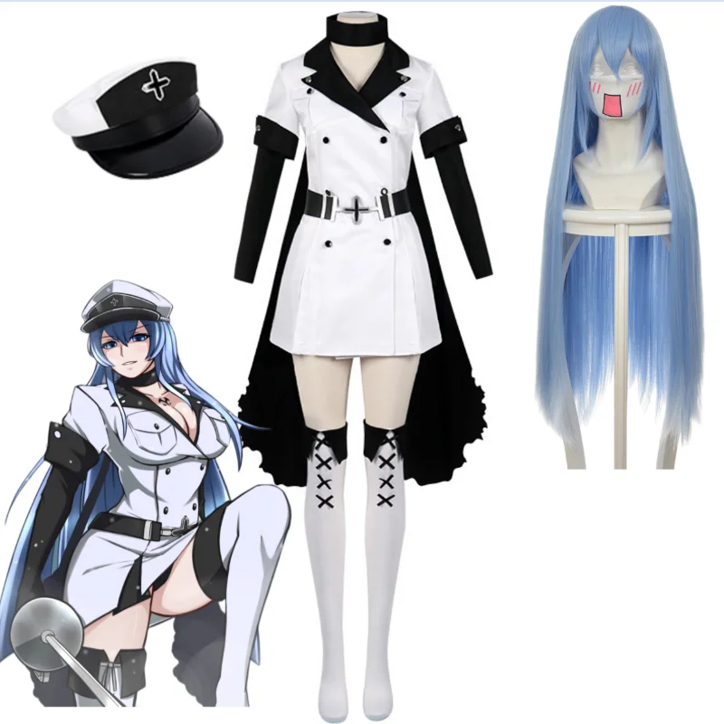 

Anime Akame Ga KILL! Jaegers Esdeath Esdese Cosplay Costume White Suit Dress Hat Socks Belt Wig Full Uniforms Halloween Costumes
