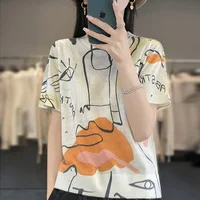 Thin Knitted Short-Sleeved Mulberry Silk T-Shirt In Summer With Women's Wool Printed Half-Sleeve Loose Ice Silk Bottoming Shirt - Image 3