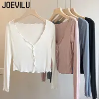 Thin Knitted Shirt Women's Slim Crop Top Single Breasted V-neck Cardigans Ladies Casual Skirt Shawl Solid Elegant Sunscreen Coat - Image 2
