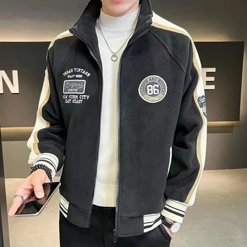 Fashion Stand Collar Spliced Loose Zipper Casual Coats Men's Clothing 2023 Autumn New All-match Tops Long Sleeve Korean Jackets