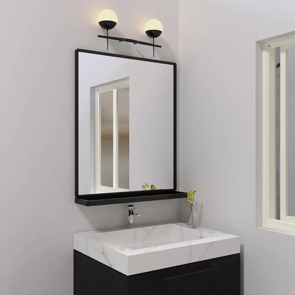 

Настенные зеркала для ванной комнаты ANYHI, металлическое настенное зеркало с полкой, идеально подходит для гостиной, спальни, прихожей, прямоугольное