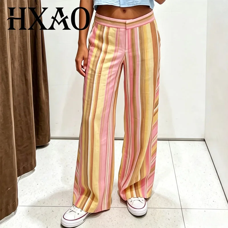 HXAO Damenhosen und -hosen, gestreifte Hosen für Damen, Sommerhosen mit weitem Bein, lässige weibliche Streetwear, lange Hosen