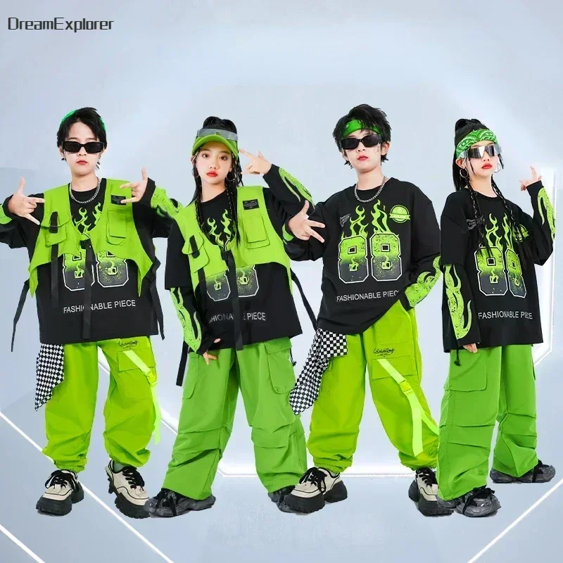 Girls Cool K-pop Vest Sweatshirt Cargo Pants Boys Hip Hop Street Dance Clothes Sets Kids Jazz Green Costumes Children Streetwear