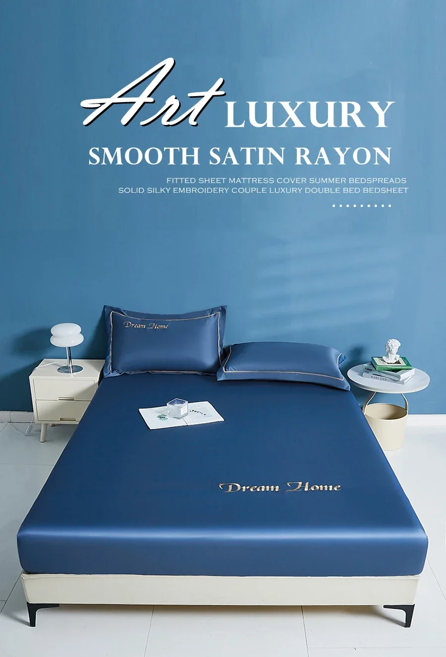 WASART Glatter Satin-Rayon-Spannbettlaken, Matratzenbezug, Sommer-Tagesdecken, solide, seidige Stickerei, Paar, luxuriöses Doppelbett, Bettlaken – Detail 1