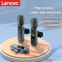 Lenovo 80mAh Lavalier Wireless Microphone Rechargeable Battery Clip-On Podcast Mic for Streaming Voice Recording Plug & Play