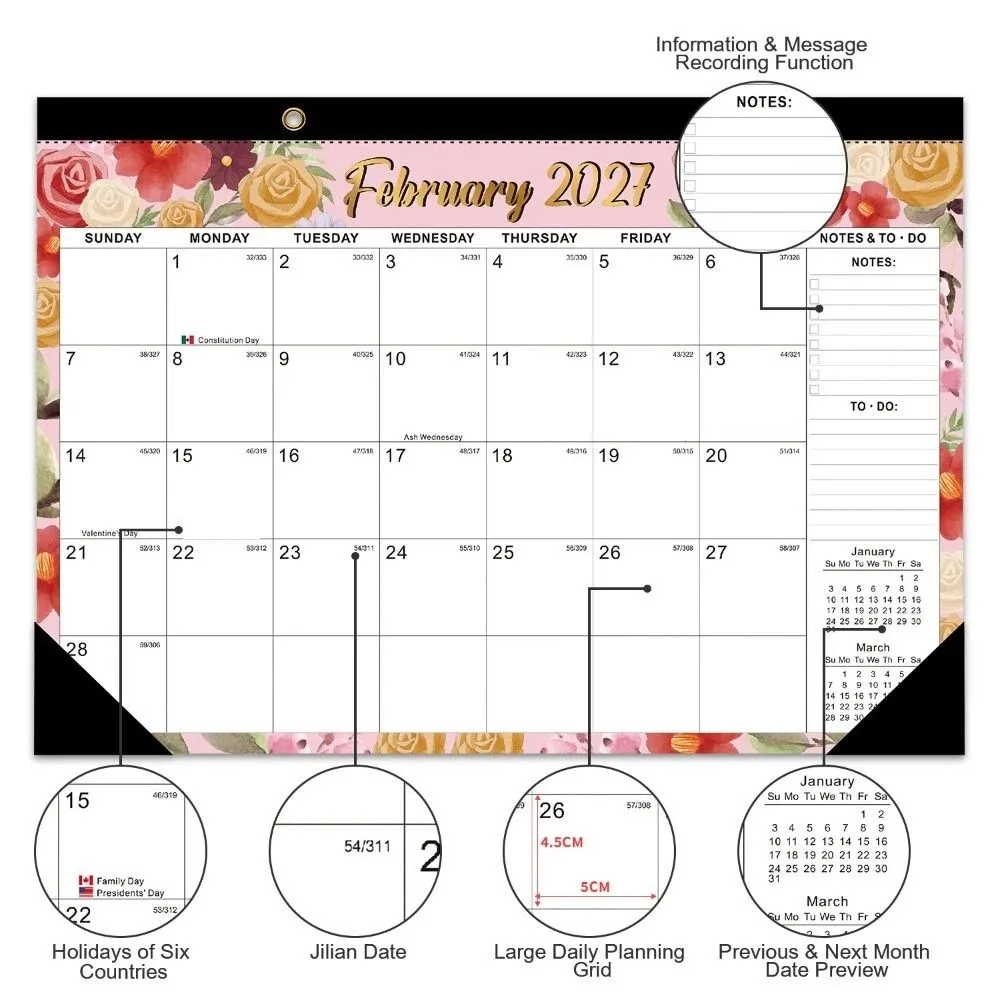 Pratico calendario da parete 2027 con foro per appendere, calendario da parete floreale creativo, elenco delle cose da fare, agenda per 18 mesi, decorazione per la casa - immagine 2