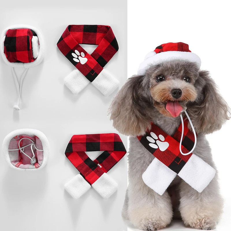 

Pet Christmas Scarf Cat Dog New Year Red LatticeWarm Scarf and Christmas Hats Pet Winter Scarf Cat Collar Puppy Accessories