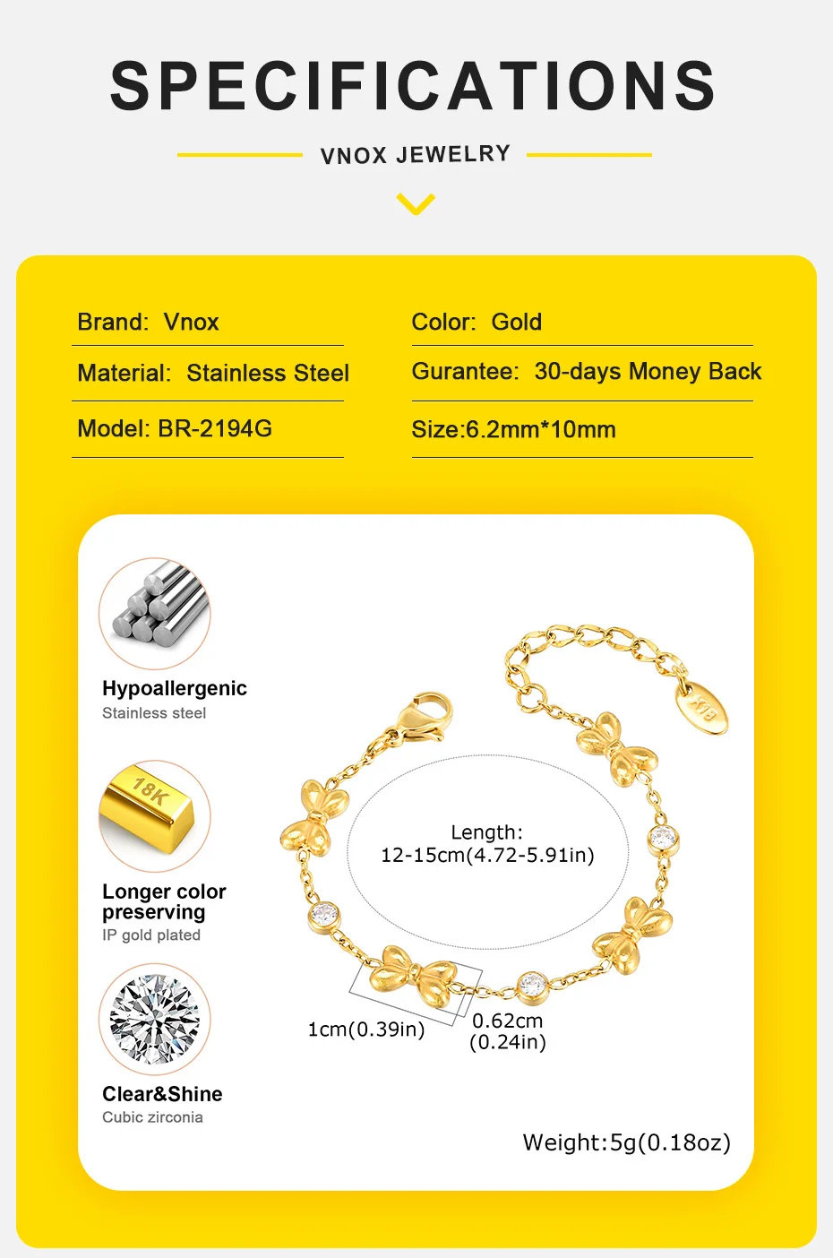 Vnox Stainless Steel Children's Bracelet For Baby Girls,Cubic Zirconia Inlay With Bow Element Chain,Cute Style Jewelry Daily
