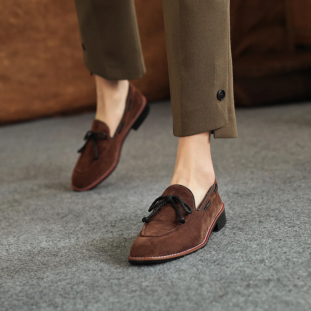 Mocasines de ante con punta redonda para mujer, zapatos planos de cuero con nudo, color verde y talla 43| | - AliExpress