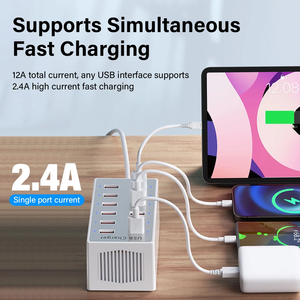 Universal Multi-Port USB Charging Station Dock - 12-Port 5V/2.4A Wall & Desktop Power Adapter