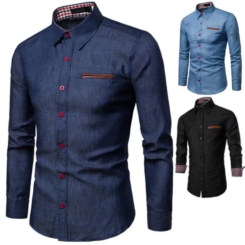 

Hot Selling Men's Casual Shirts in Spring and Autumn Pocket Patchwork Cotton Slim Fit Long Sleeved Denim Shirts