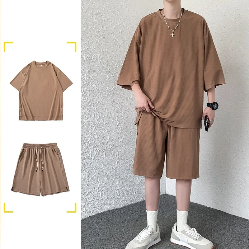 

New Summer Men Sets T-shirt Shorts Two Side Vents Draped Quick-drying Clothing Short Sleeve Oversize Stretchy Leisure Suit Man