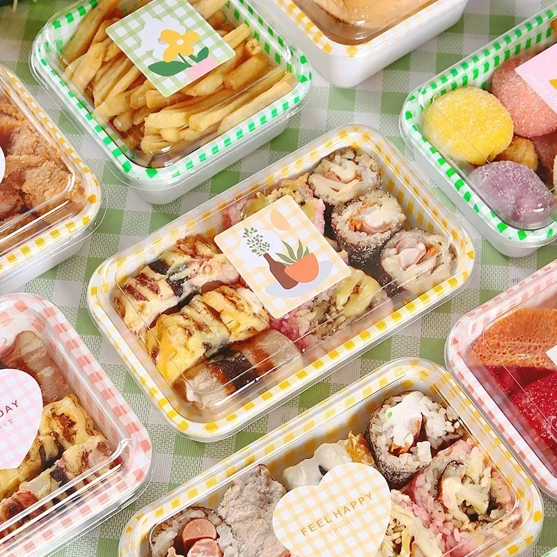 10Pcs INS Small Fresh Color Plaid Disposable Lid Bento Box Girls Picnic Sandwich Cake Fruit Packing Box Stall Food Containers