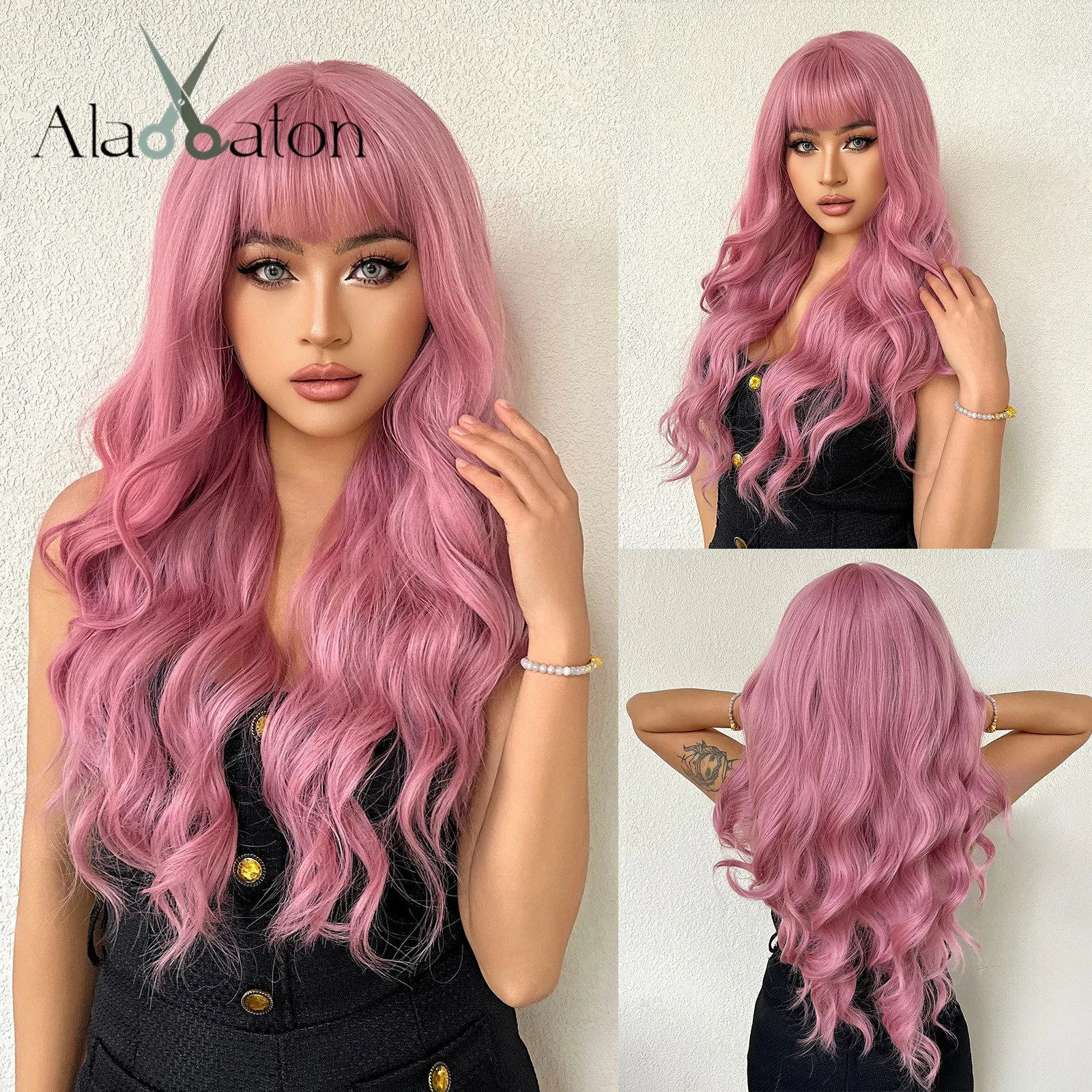 

Длинный синтетический розовый волнистый парик ALAN EATON с челкой, естественный парик для женщин, косплей, используется термостойкий парик из розового волокна