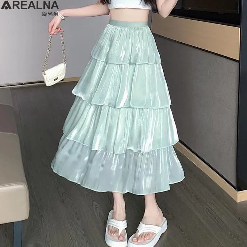 

Skirts for women 2023 Summer Korean fashion pearly-lustre mesh Four-layer Cake Skirt Streetwear Elastic Waist Pleated Midi Skirt