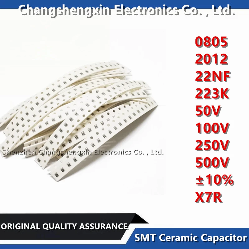 50PCS 0805 2012 Capacitance 22NF 223K 50V 100V 250V 500V Tolerance ±10% Dielectric X7R SMT Ceramic Capacitor MLCC