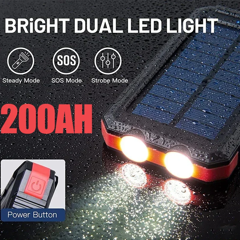 Solar Power Bank 200000Mah Ricarica Rapida Batteria Esterna 2Usb Outdoor Mobile Power Supply Torcia Per Xiaomi Iphone Samsung