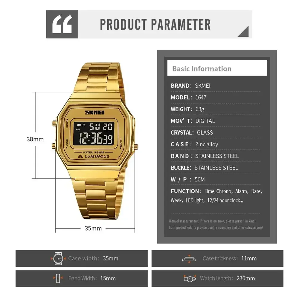 SKMEI 1647 Men reloj hombre Retro LED Digital Male Watches Casual Simple Mens Wristwatches Stainless Steel Band Waterproof Watch 6