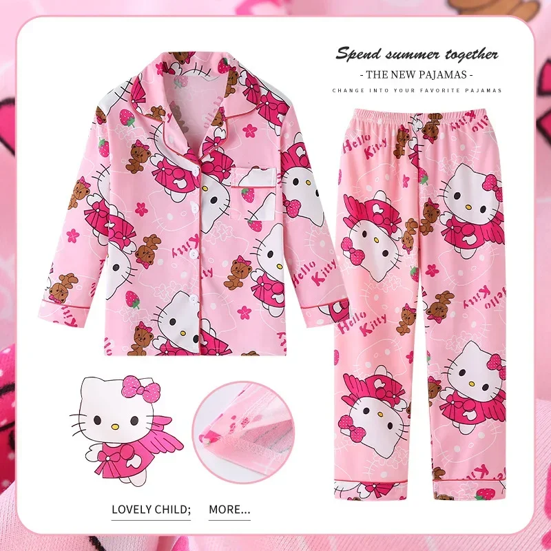 thumbnail image 1 of Sanrios My Melody Hello Kittys Cinnamoroll, conjunto de pijama con solapa estampado bonito para niños, cárdigan Kawaii, pantalones de manga larga, ropa para el hogar, 1 of 5