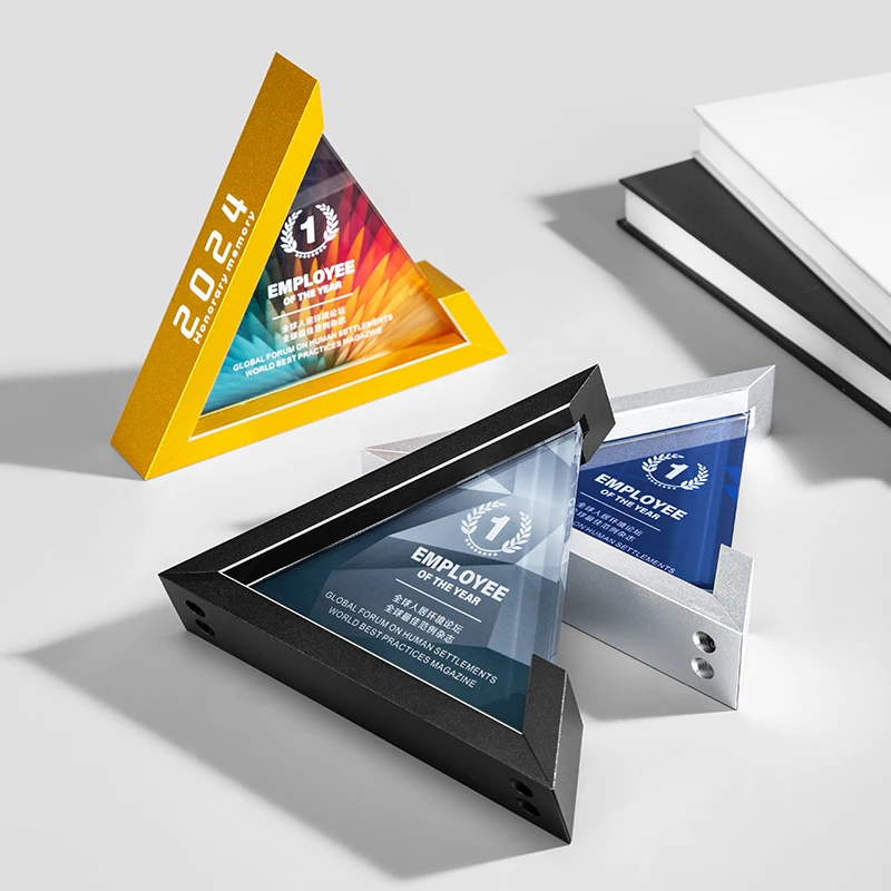 Customized Triangle Shape Metal Crystal Trophy, Excellent Staff Company Annual Meeting Awards, Home Decor Outstanding Medal, 1Pc